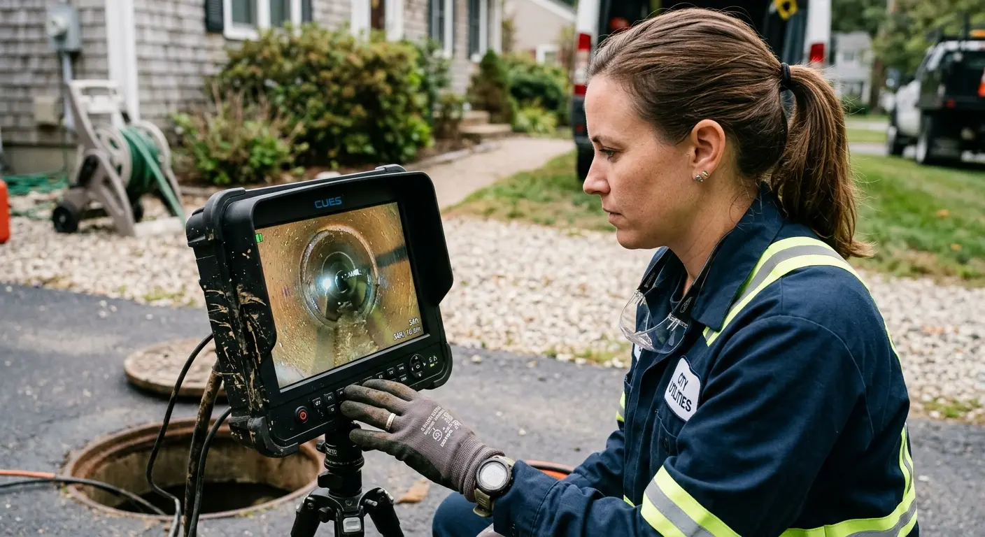 Technician reviewing sewer camera inspection footage in PiÃ±on Hills