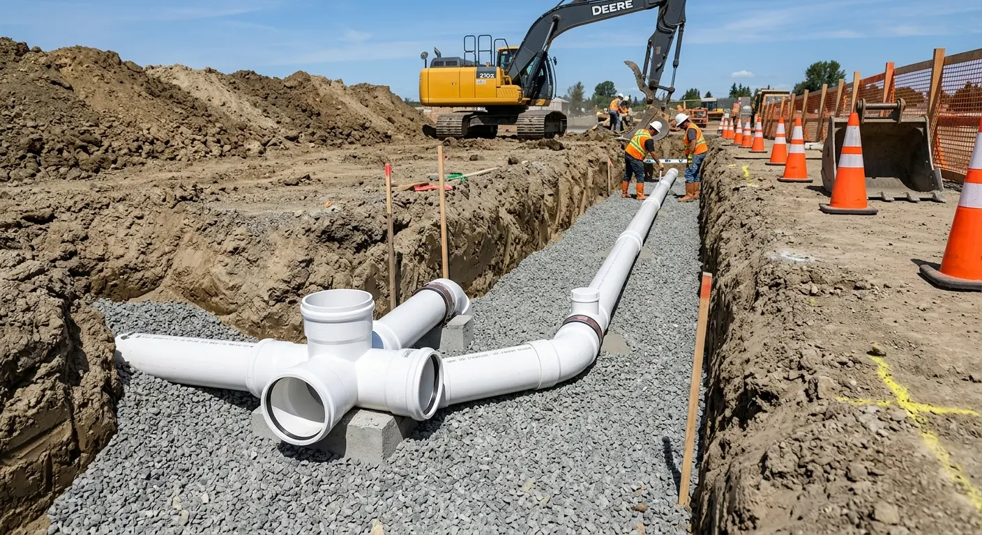 New PVC sewer pipe installation in open trench for Commercial Drain Cleaning in PiÃ±on Hills